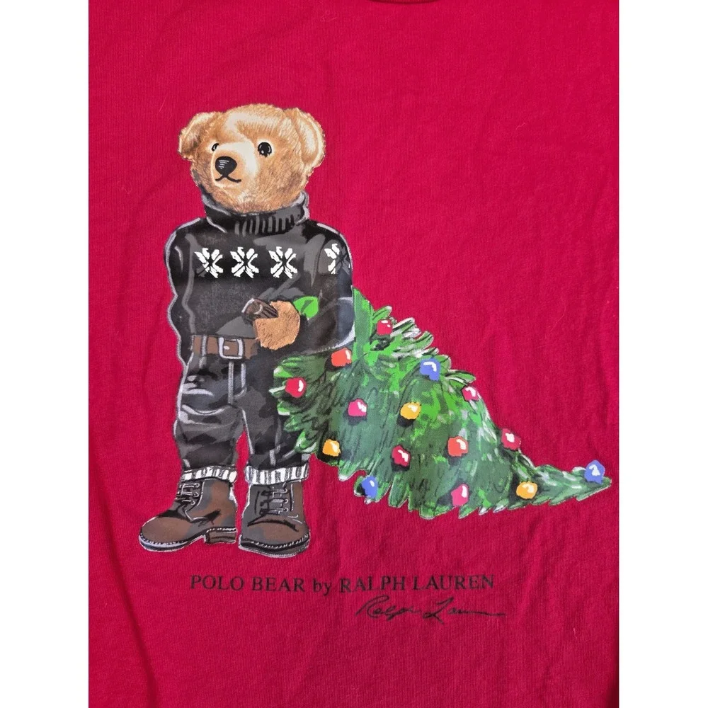 Polo Ralph Lauren Bear Long Sleeve T-Shirt Kids Size 7 Christmas Tree Red